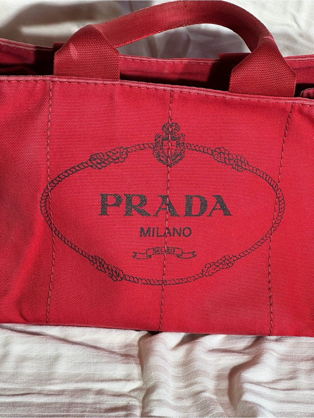 Prada Canapa Red Canvas Tote with Black Logo